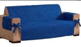 capa protetor de sofá 3 lugares avulso matelado com laço e porta objetos azul