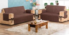 Capa Protetor de Sofá Retratil 3 e 2 Lugares com Laço e Porta Objetos - Tabaco