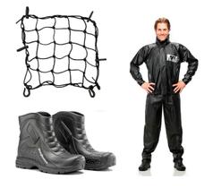 Capa Roupa Chuva + Bota Borracha Pantaneiro + Rede Aranha Elástica Vestuário Jaqueta Calça Pvc Preta Moto Motoqueiro