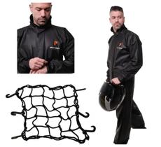 Capa Roupa Chuva + Rede Tela Elástica Banco Bagageiro Vestimenta Vestuário Jaqueta Calça Pioneira Flex Pvc Preta Moto Motoqueiro