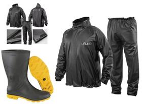 Capa Roupa Chuva Vestimenta Vestuário Jaqueta Calça Delta Flex Pvc Preta Moto Motoqueiro + Bota Solado Amarelo Vonder