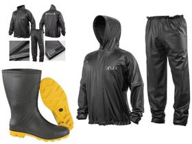 Capa Roupa Chuva Vestimenta Vestuário Jaqueta Calça Delta Pvc Preta Moto Motoqueiro Com CAPUZ TOUCA GORRO + Bota Borracha Solado Amarelo