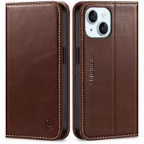 Capa SHIELDON para iPhone 15 5G 2023 em couro genuíno e café retrô