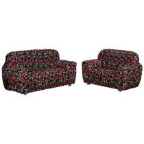 Capa sofa 3x2 lugares Estampada Floral vermelha malha gel