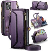 Capa tipo carteira crossbody compatível com Strapurs para iPhone 14 roxa