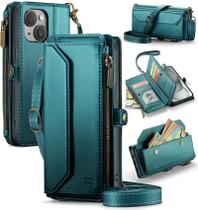 Capa tipo Carteira Crossbody para iPhone 15 - Azul e Verde