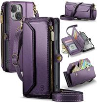 Capa tipo carteira crossbody Strapurs para iPhone 15 com RFID roxa