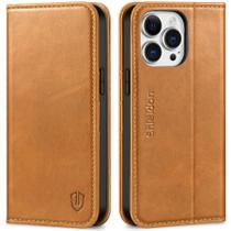 Capa tipo carteira de couro genuíno SHIELDON com bloqueio RFID, suporte magnético e proteção à prova de choque, compatível com 14 Pro Max 6,7" 2022, marrom