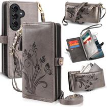 Capa tipo carteira Lacass para Samsung Galaxy S26 Plus em cinza floral