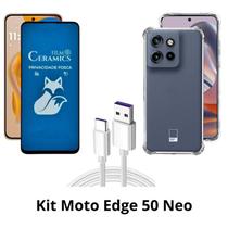 Capa TPU Anti Choque + Película Fosca Privacidade + Cabo USB Tipo C para Moto Edge 50 Neo