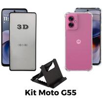 Capa Transparente + Película 3D de Vidro + Suporte de Mesa para Motorola Moto G55