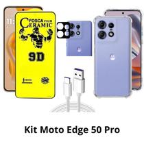 Capa Transparente + Película Cerâmica Fosca + Película de Câmera + Cabo USB Tipo C para Moto Edge 50