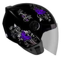 Capacete Aberto Feminino Ebf Spark Jet Borboleta Preto e Lilás Brilhante Moto Capacete Aberto Feminino Ebf Spark Jet Borboleta Preto e Lilás Brilhante Moto