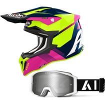 Capacete Airoh Strycker Blazer Azul/Rosa + Óculos Airoh Blast XR1 Branco