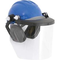 Capacete Azul com aba Frontal, Protetor Facial e Abafador de Ruídos, Ledan Capacete Azul com aba Frontal, Protetor Facial e Abafador de Ruídos, Ledan