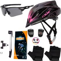 Capacete Bike Ciclismo + Mini Bomba + Suporte + Pisca + Óculos + Luvas