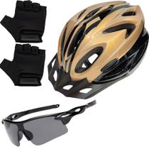 Capacete Bike Ciclismo Mtb Com Sinalizador De Led + Óculos Esporte + Par De Luvas