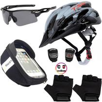 Capacete Bike Ciclismo + Porta Celular + Pisca + Óculos + Luvas