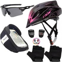 Capacete Bike Ciclismo + Porta Celular + Pisca + Óculos + Luvas