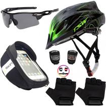 Capacete Bike Ciclismo + Porta Celular + Pisca + Óculos + Luvas