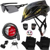 Capacete Ciclismo Bike + Cadeado Trava Bicicleta + Pisca + Óculos + Par De Luvas