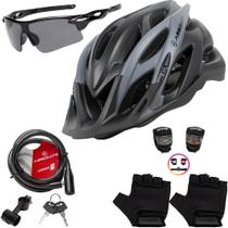 Capacete Ciclismo Bike + Cadeado Trava Bicicleta + Pisca + Óculos + Par De Luvas