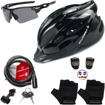 Capacete Ciclismo Bike + Cadeado Trava Bicicleta + Pisca + Óculos + Par De Luvas