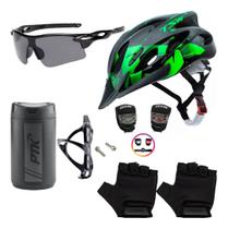 Capacete Ciclismo Bike + Porta Objetos + Suporte + Pisca + Óculos + Par De Luvas