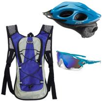 Capacete Ciclismo Flash Óculos Bike Mochila Hidratação Azul