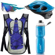 Capacete Ciclismo Flash Óculos Garrafa Mochila Hidratação Azul
