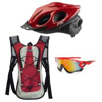 Capacete Ciclismo Flash Óculos Garrafa Mochila Hidratação Vermelho