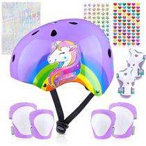 Capacete de bicicleta infantil, capacetes infantis de 5 a 8 anos com adesivos de bricolage, conjunto de joelheiras e cotoveleiras infantis de unicórnio. Capacetes infantis ajustáveis para meninas de 3 a 5 a 8 anos, adequado para skate, patins e scooter