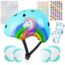 Capacete de bicicleta infantil, capacetes infantis de 5 a 8 anos com adesivos de bricolage, conjunto de joelheiras e cotoveleiras infantis de unicórnio. Capacetes infantis ajustáveis para meninas de 3 a 5 a 8 anos, adequado para skate, patins e scooter