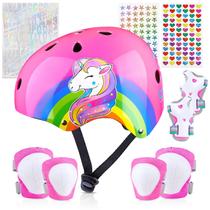 Capacete de bicicleta infantil, capacetes infantis de 5 a 8 anos com adesivos de bricolage, conjunto de joelheiras e cotoveleiras infantis de unicórnio. Capacetes infantis ajustáveis para meninas de 3 a 5 a 8 anos, adequado para skate, patins e scooter
