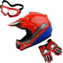 Capacete de Motocross Infantil WOW Youth Spider Vermelho - com Óculos e Luvas