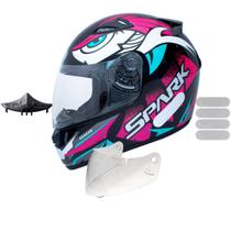 Capacete Ebf Spark Dragon Preto Rosa Com Narigueira Mais Viseira Cristal e Adesivo Branco