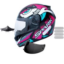 Capacete Ebf Spark Dragon Preto Rosa Com Narigueira Mais Viseira Fumê e Adesivo Branco