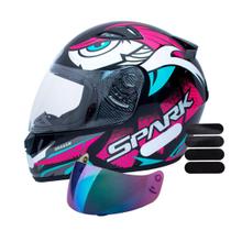 Capacete Ebf Spark Dragon Preto Rosa Mais Viseira Camaleão e Adesivo Preto