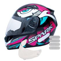 Capacete Ebf Spark Dragon Preto Rosa Mais Viseira Cristal e Adesivo Branco