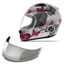 Capacete Fechado Feminino EBF New Spark Borboletas Branco e Rosa + Viseira Cromada - EBF Capacetes