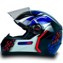 Capacete Fechado FW3 Preto E Azul Com Detalhes Vermelho E Branco Tamanho 58 Com Viseira Transparente Resistente