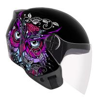 Capacete Feminino Aberto Ebf Spark Jet Coruja Preto e Lilás Brilhante Moto Motoqueiro Motociclista