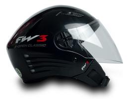 Capacete Fw3 Para Moto X Open Classic Preto Brilhante Tamanho 58 Viseira Transparente FW3 Forro Removível