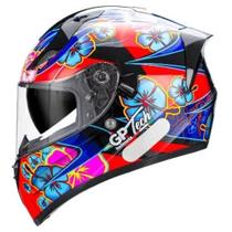 Capacete Gp Tech V128 Com Viseira Solar Flower Preto Azul 60 Brilho