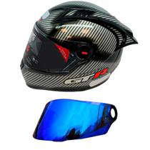 Capacete Gt Racing Carbon Aerofólio Óculos Fw3 Prata + Viseira Revo Azul Brilhante FW3
