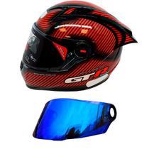 Capacete Gt Racing Carbon Aerofólio Óculos Fw3 Vermelho + Viseira Revo Azul Brilhante FW3