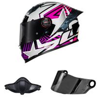 Capacete LS2 FF358 Pro Estellar Preto Branco e Rosa Mais Viseira Fumê e Narigueira HJC