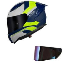 Capacete LS2 FF810 Vigo Vision Branco Azul e Amarelo Mais Viseira Camaleão Tamanho:56