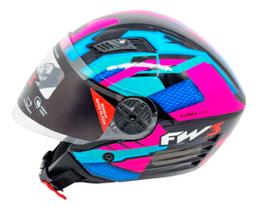Capacete Moto Aberto FW3 X Open Up Fox 58 com Viseira Cristal Óculos Interno Fume Azul e Rosa - FW3 Capacete Moto Aberto FW3 X Open Up Fox 58 com Viseira Cristal Óculos Interno Fume Azul e Rosa - FW3