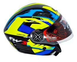 Capacete Moto Aberto FW3 X Open Up Fox 60 com Viseira Cristal Óculos Interno Fume Amarelo/Azul -FW3